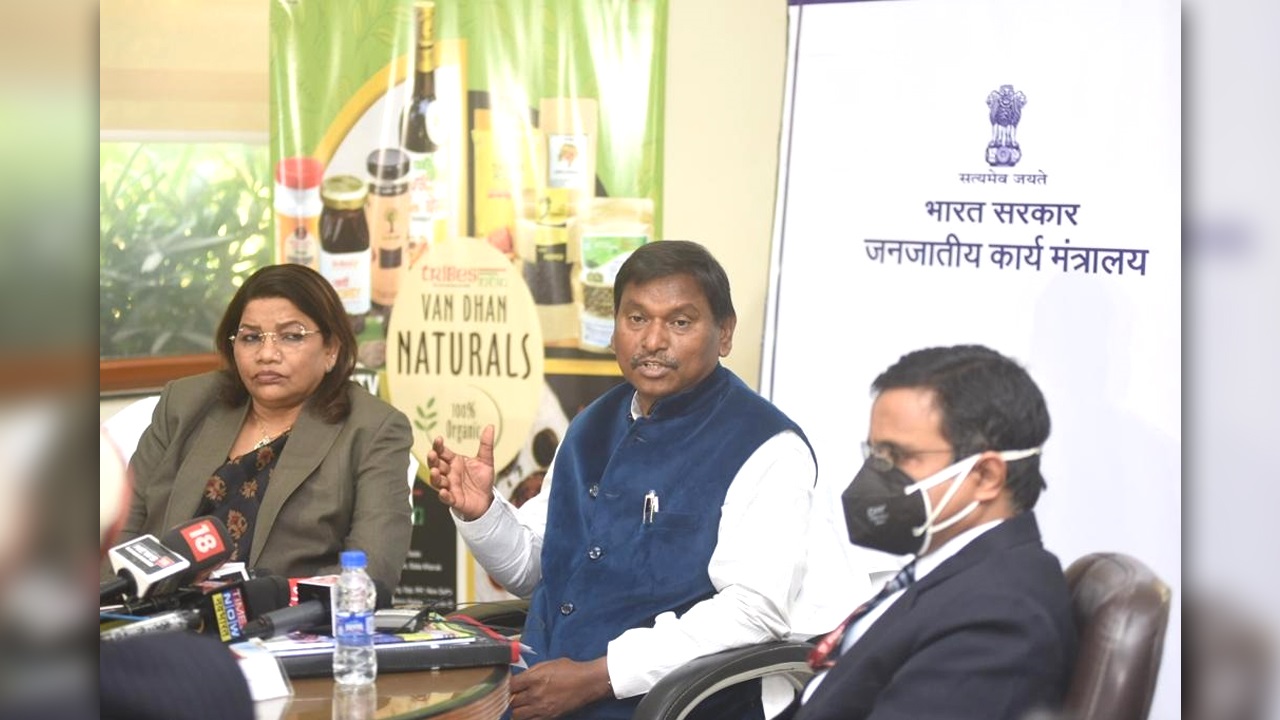 Honourable Union Minister of Tribal Affairs Shri Arjun Munda addressed Press Meet Deliberations on the implementation of a 5 Year Plan held by the Honourable Minister of Tribal Affairs.
